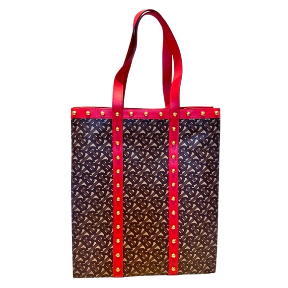 NEW Burberry Red Brown Studded Book Tote Bag - Picture 3 of 9